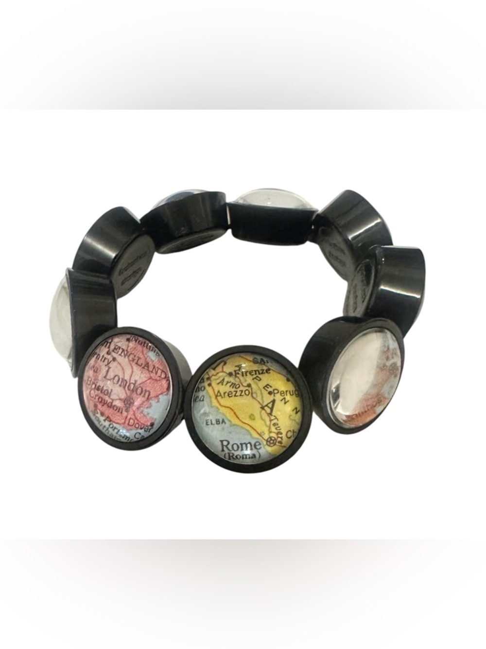 Hot Cakes Black Stretch Bracelet with Multicolor Map Disc Charms